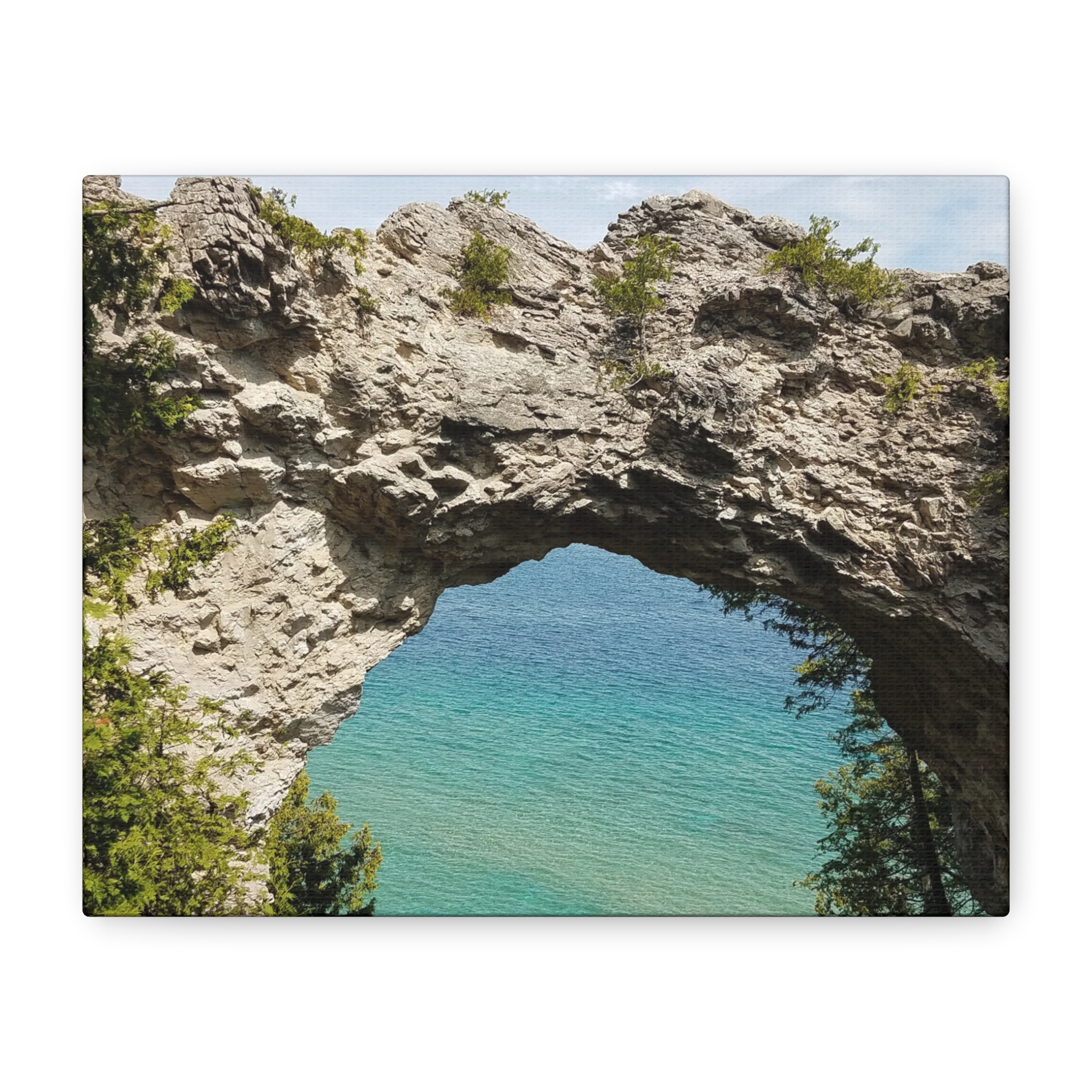 Arch Rock on Mackinac Island Wrapped Canvas Wall Art – Lake Huron Scenic Photography – Michigan Great Lakes Landmark Nature Décor – Limestone Rock Formation Print Ready to Hang