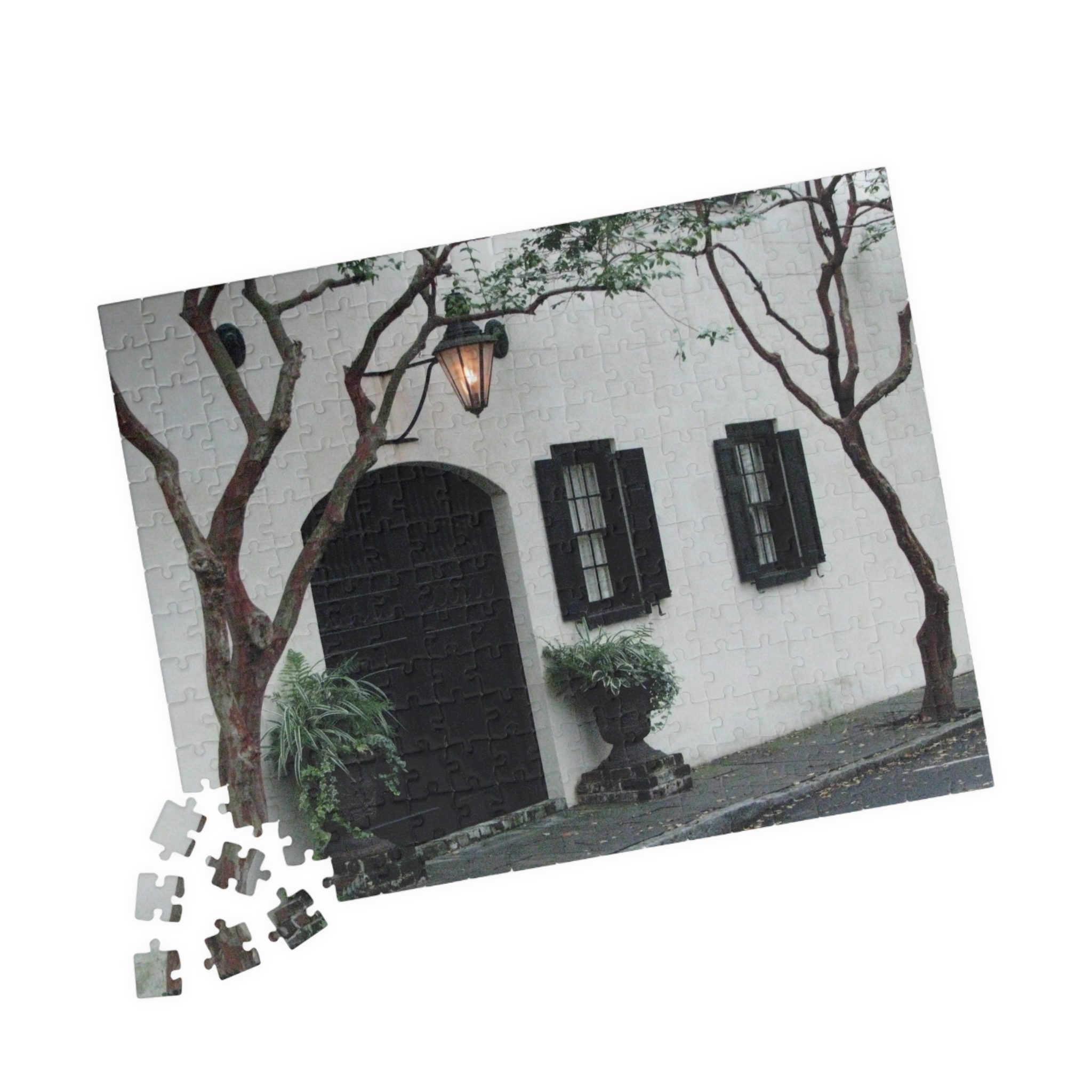 Charleston Architecture Puzzle Featuring White Stucco House with Carriage Entrance and Antique Lantern - Scenic Horizontal Jigsaw, Original Photography - Image 7