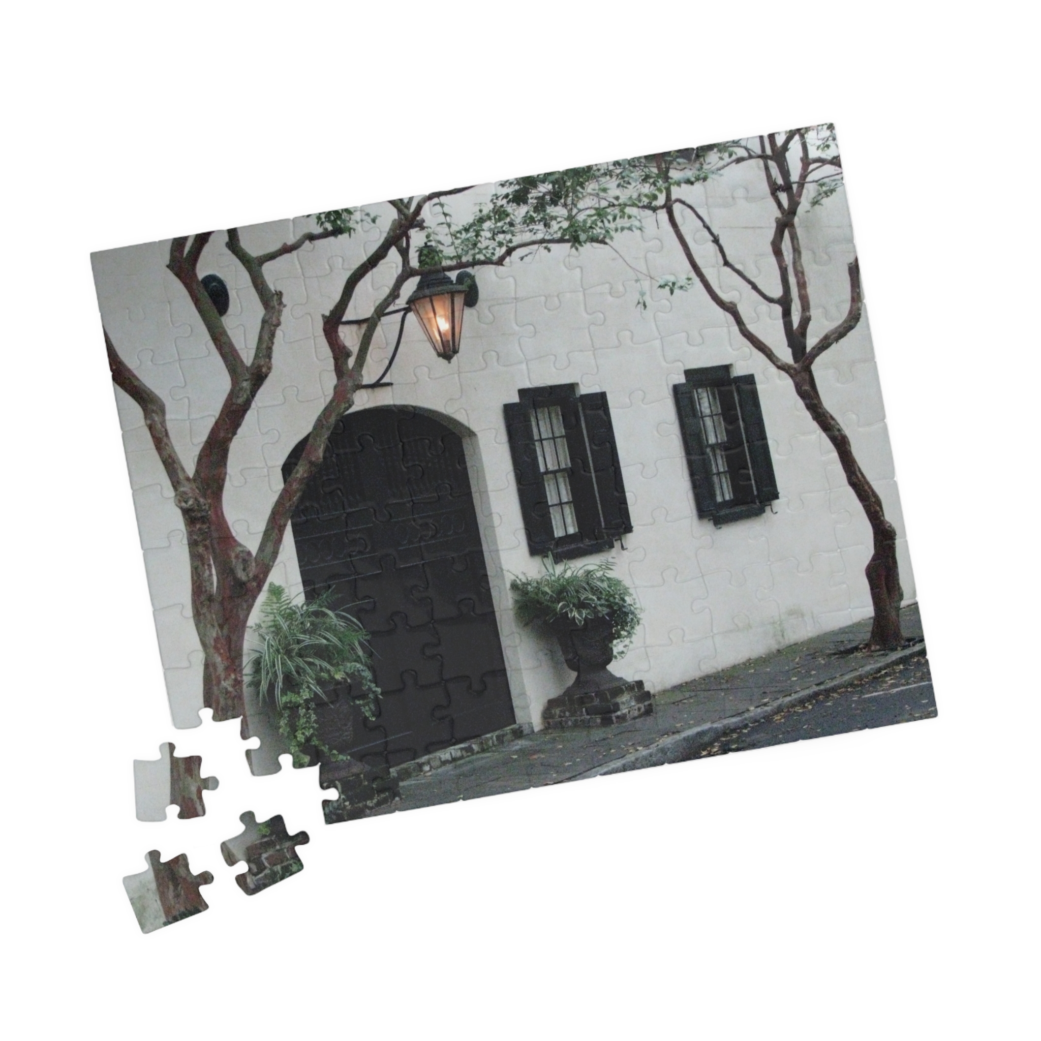 Charleston Architecture Puzzle Featuring White Stucco House with Carriage Entrance and Antique Lantern - Scenic Horizontal Jigsaw, Original Photography - Image 3