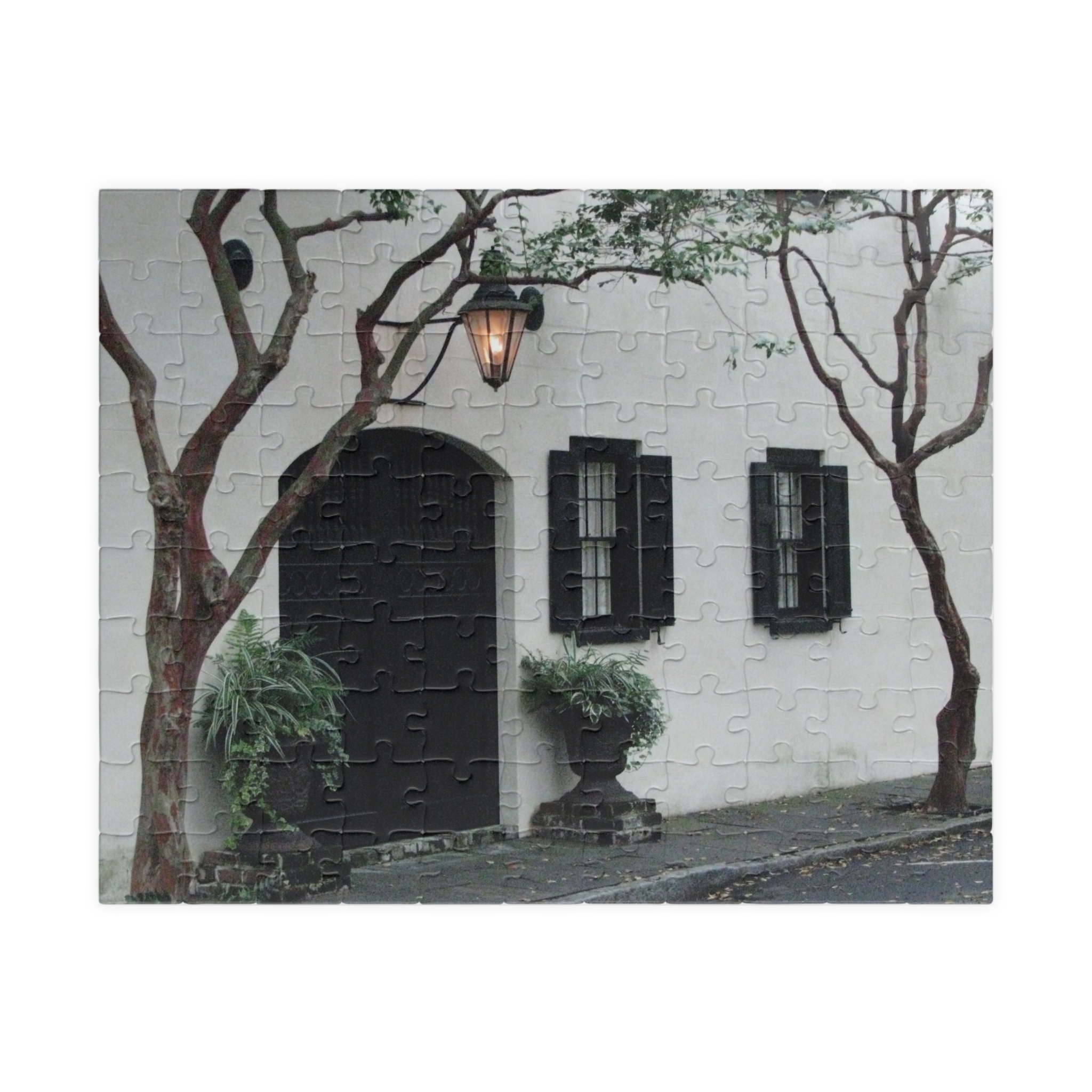Charleston Architecture Puzzle Featuring White Stucco House with Carriage Entrance and Antique Lantern - Scenic Horizontal Jigsaw, Original Photography
