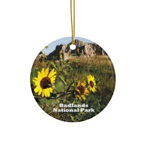 Sunflowers and Sandstone Buttes Ceramic Ornament Featuring Badlands National Park - Scenic Holiday Keepsake, Original Photography